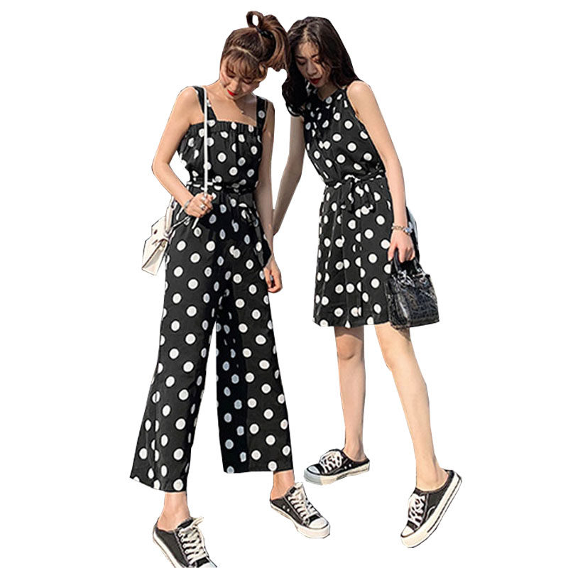 波点吊带阔腿连体裤女夏圆点连衣裤高腰显瘦雪纺九分裤闺蜜装薄款