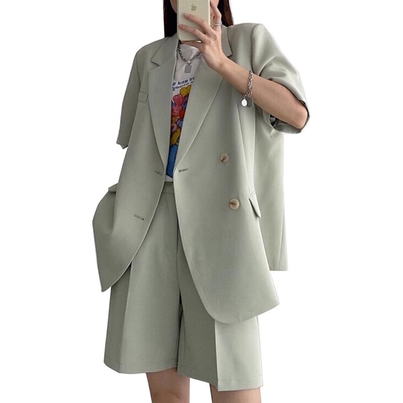 夏季大码薄款高级感西装套装女胖mm休闲中长款西服高腰短裤两件套