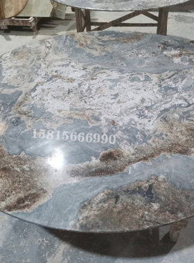 蓝金沙奢石天然大理石玉石岩板餐桌转盘台面圆桌茶几家具饭桌