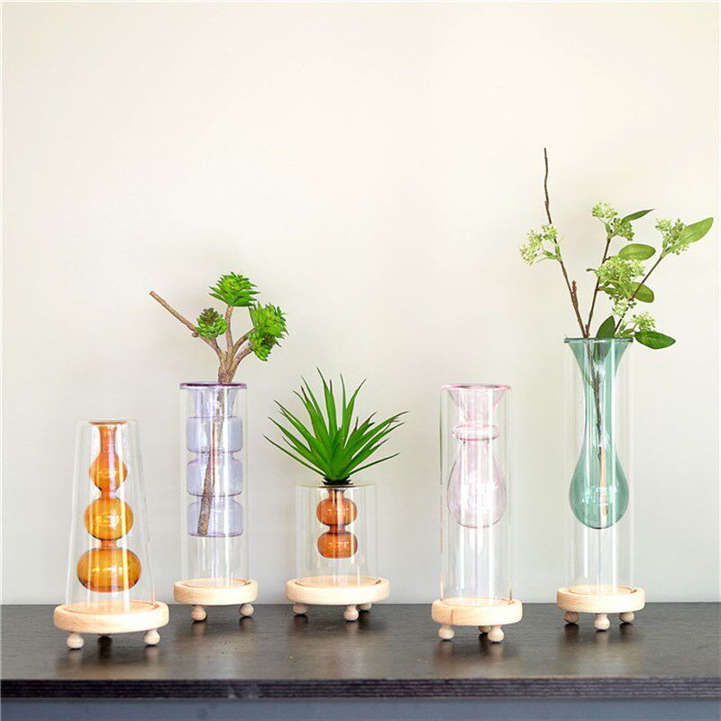 彩色水培玻璃艺术花瓶带木底座欧式简约插花绿萝花器家居装饰摆件