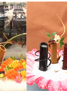 刺身装饰竹筒创意竹筒摆件装饰品干冰竹筒小摆件弯竹筒海鲜姿造