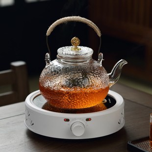煮茶器 耐高温加厚全玻璃烧水壶锤纹提梁壶电陶炉加热茶壶家用套装