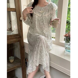 Public 睡衣睡裙家居服女 Public春夏简约复古花卉花边长袖