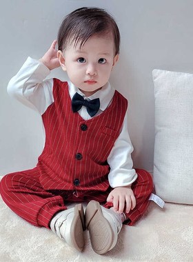 男宝宝连体衣春秋款假两件爬服红色英伦绅士套装婴儿百日周岁礼服
