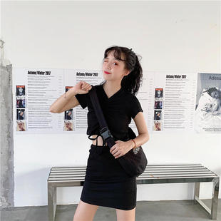 145小个子显高150夏XS码a字松紧腰半身裙搭配抽绳短袖T恤两件套装