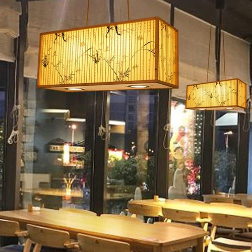 中餐厅餐馆条形吊灯带射灯 新中式饭店卡座六人桌条桌竹编灯具