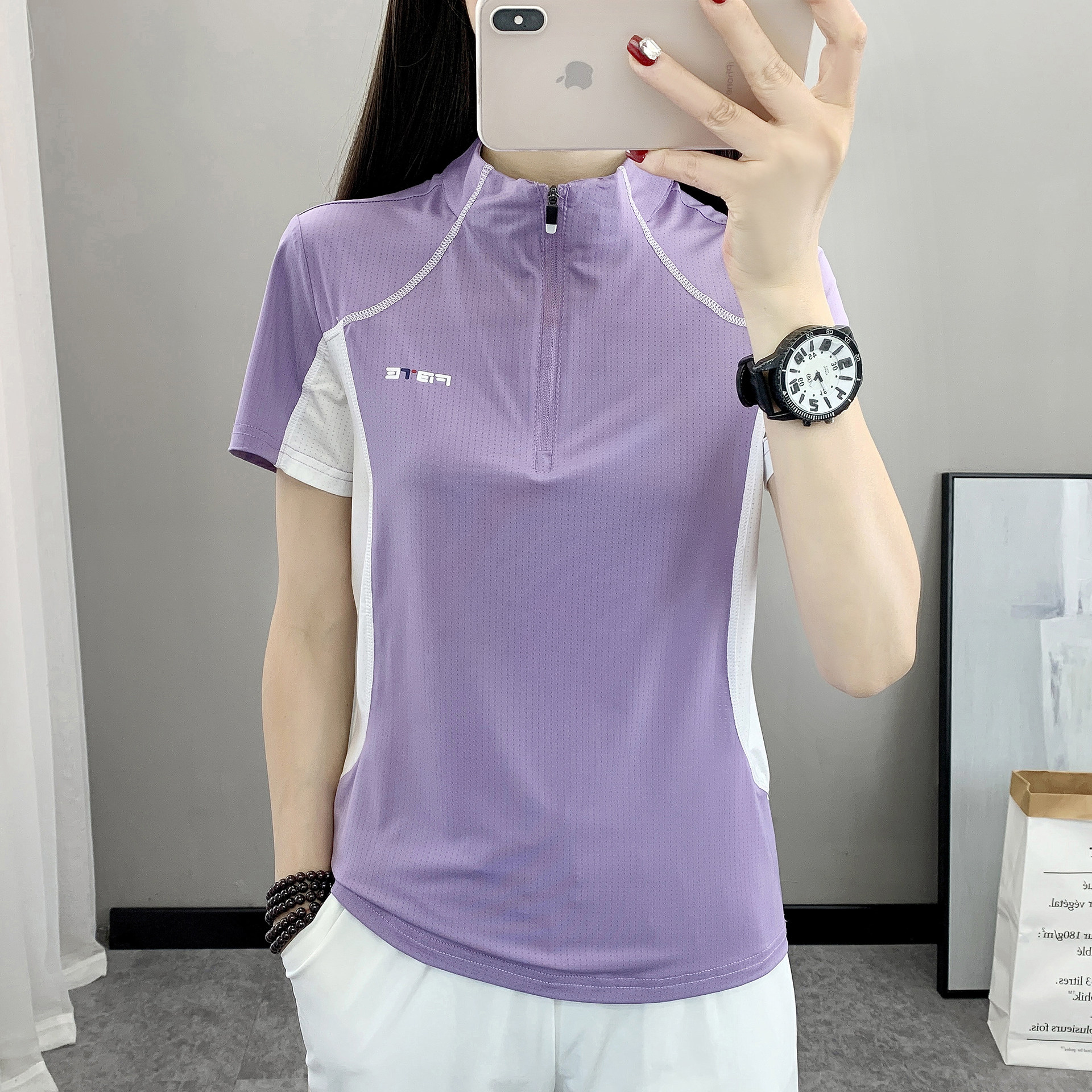 吸湿排汗速干T恤夏立领户外运动女修身型透气短袖亲肤弹力快干衣