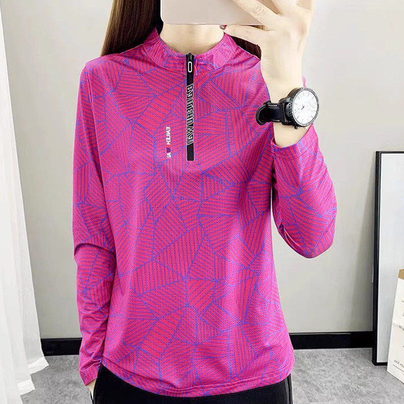 薄款速干长袖t恤女立领吸汗透气夏户外运动徒步冰丝印花快干短袖