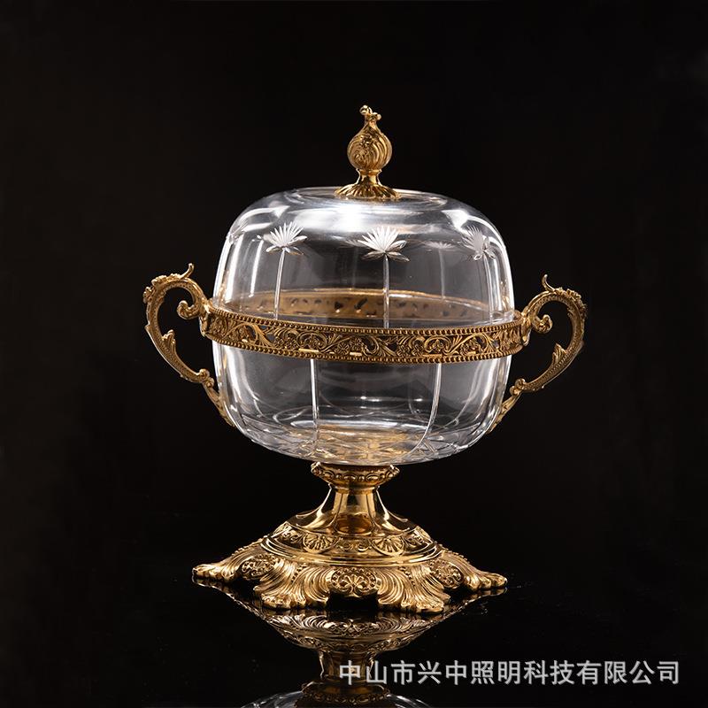 美式高档奢华样板房别墅水晶镶铜水果盘欧式古典软装客厅摆件