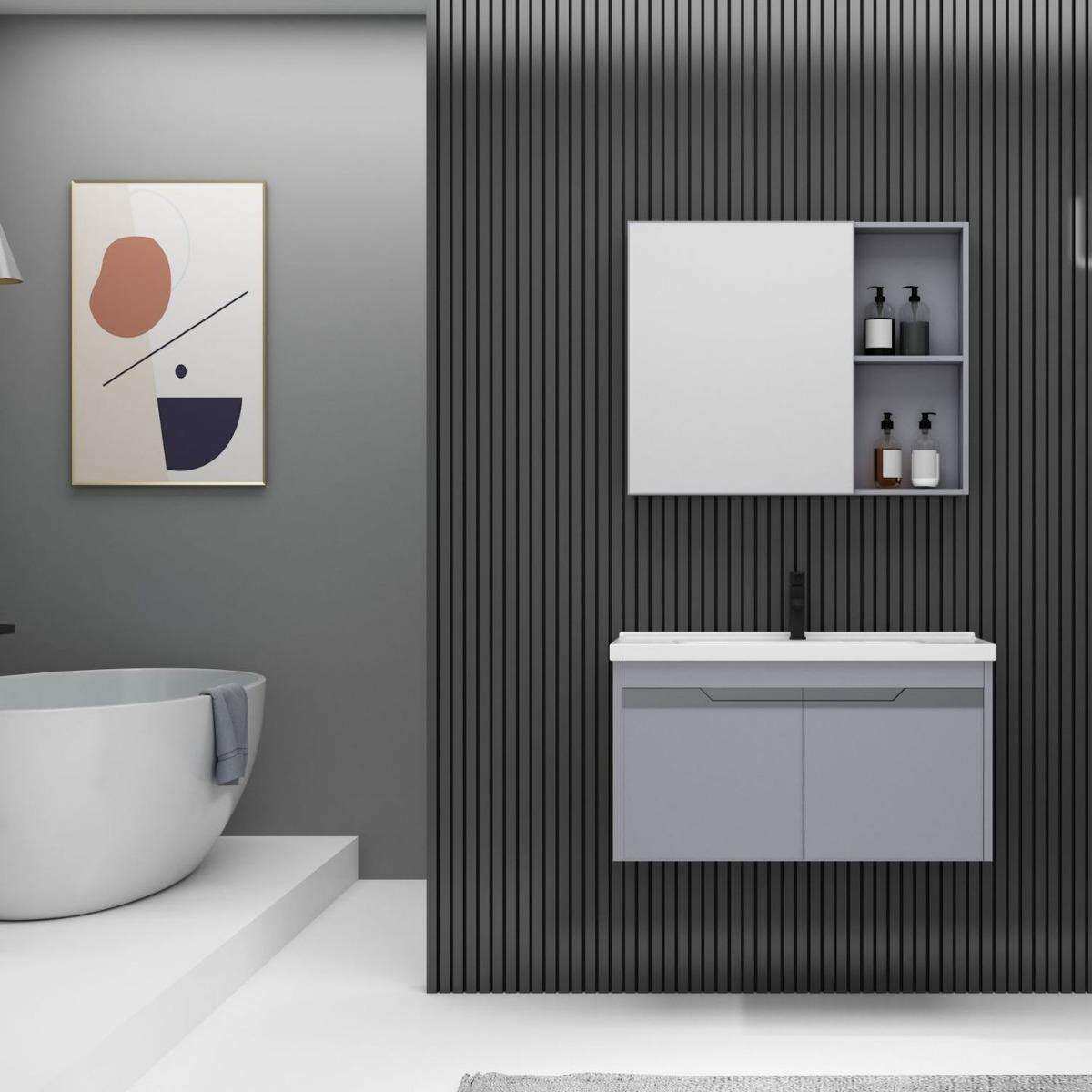 新款简约铝合金太空铝挂墙浴室柜一体陶瓷盆卫生间洗手洗漱组合装