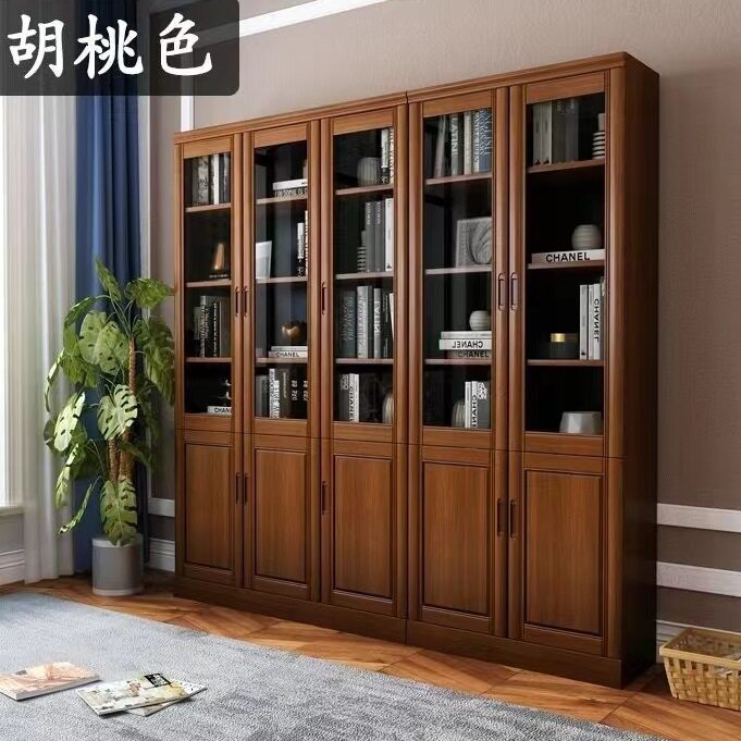 全实木原木中式玻璃门书柜