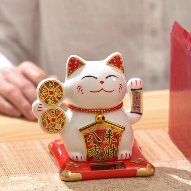 陶瓷太阳能招财猫摆件自动招手