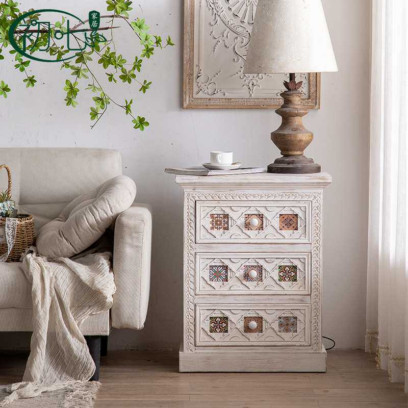 地中海风彩绘复古抽屉斗柜美式田园床头柜收纳柜卧室客厅实木边柜