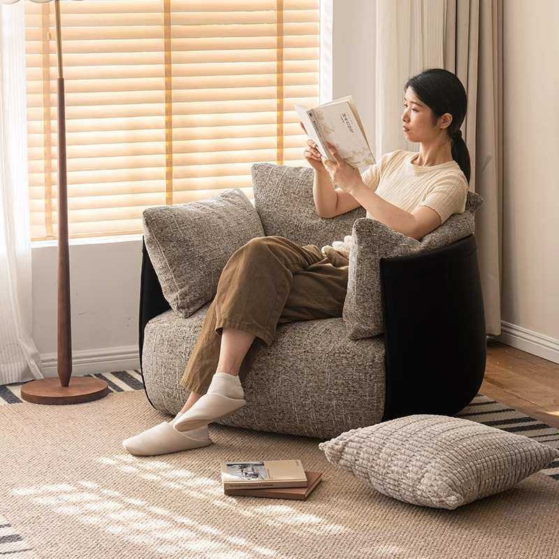 中古风棉麻布艺设计师款单人沙发椅北欧阳台客厅懒人休闲沙发躺椅