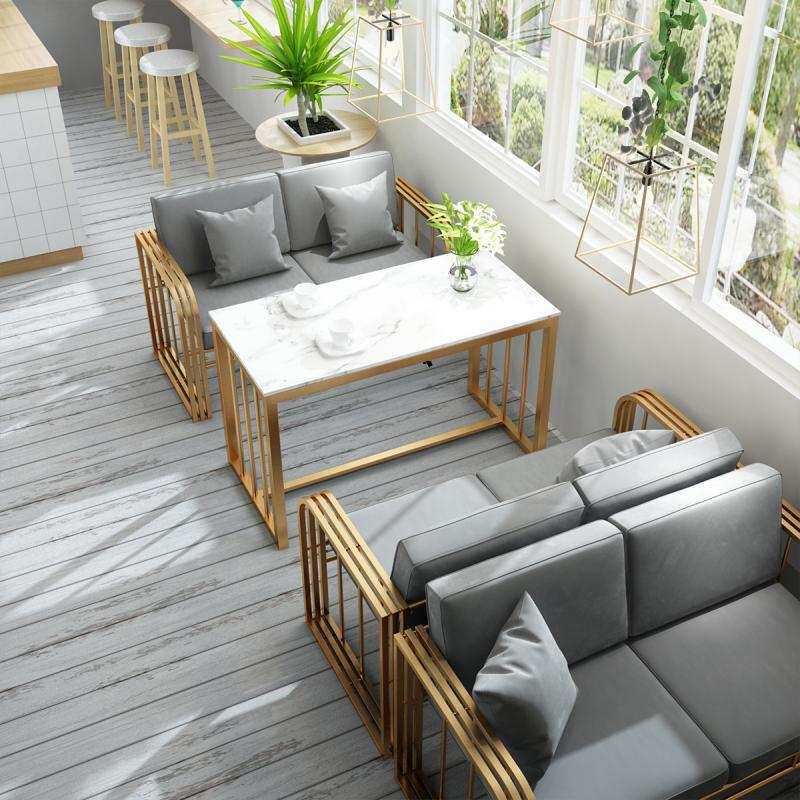 北欧布艺沙发小户型奶茶店咖啡厅西餐厅办公铁艺卡座沙发桌椅组合