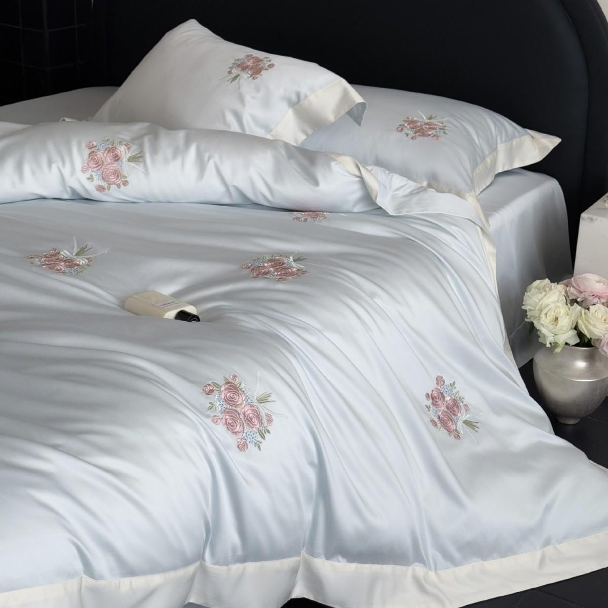 高端全棉绣花140S长绒棉四件套简约轻奢纯棉贡缎绣花被套结婚床品