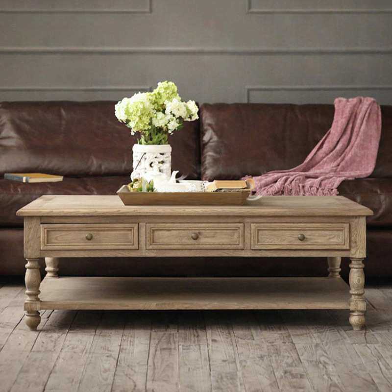 美式实木橡木茶几长方形法式复古双层咖啡桌简约小茶台家用小户型