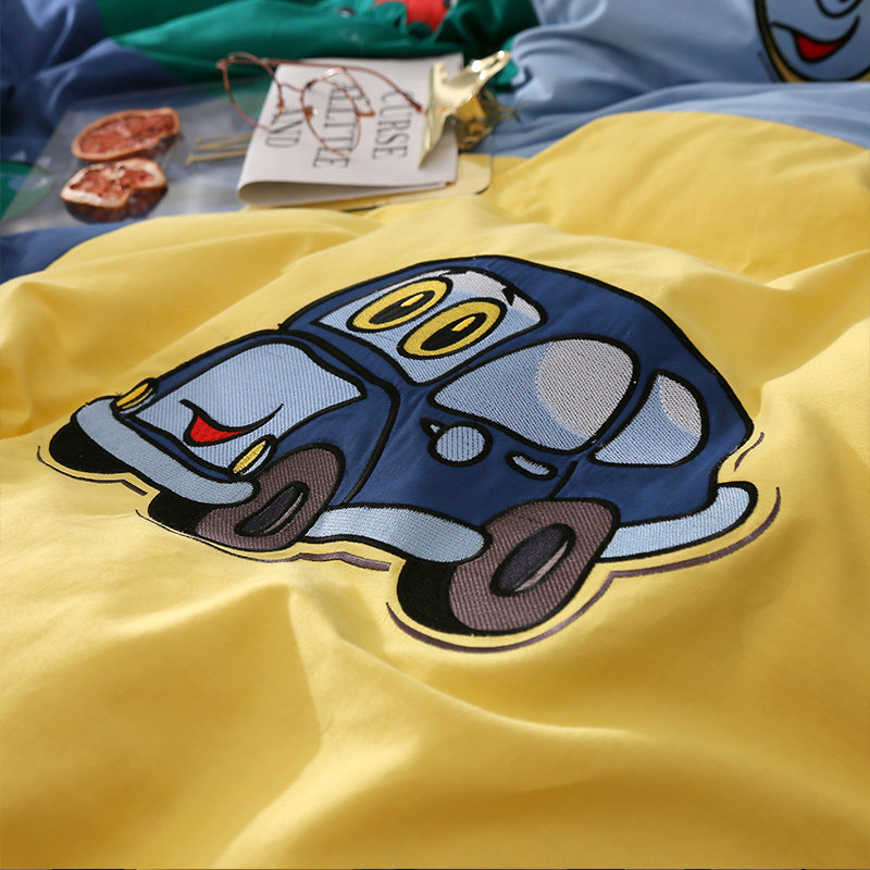 贡缎刺绣卡通恐龙三件n套儿童四件套纯棉男孩1.35米1.2m床品欧美