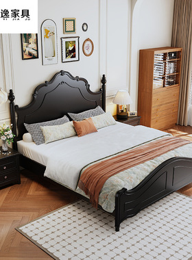 美式复古实木床1.8m雕花黑色主卧室双人婚床高端储物高箱床新款