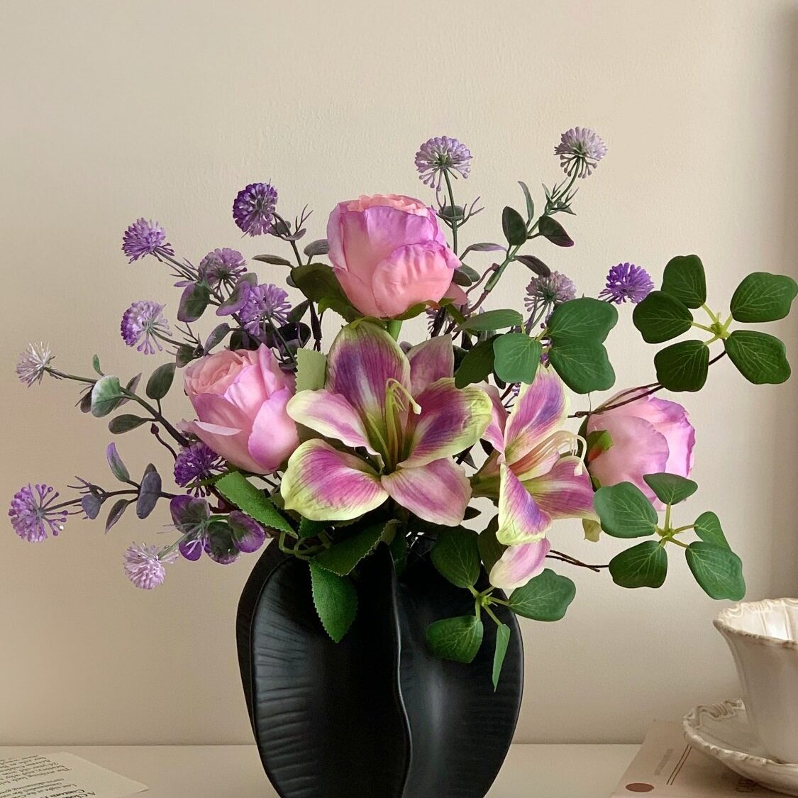 紫色系仿真花花束高级感百合玫瑰花假花摆件轻奢入户玄关摆设装饰
