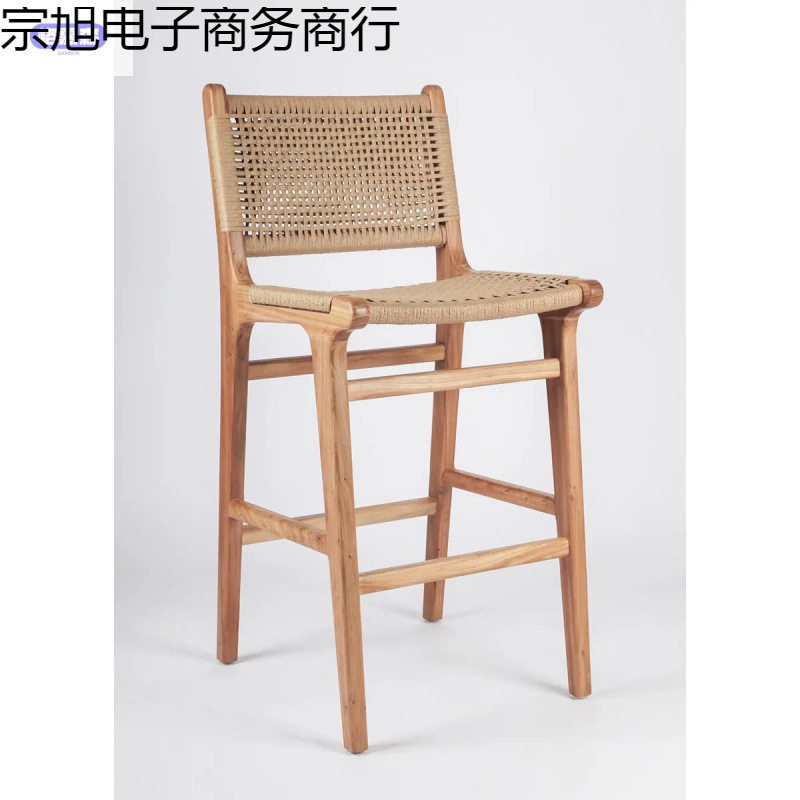 日系手工台椅实木复古咖啡厅酒吧北欧家用简约靠背绳编吧椅