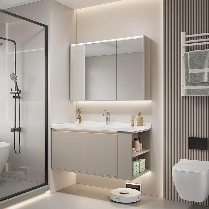 奶油风洗手台一体柜卫生间实木浴室柜组合洗漱洗脸无缝陶瓷一体盆