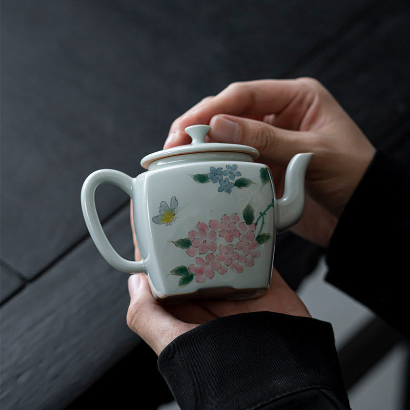 仿古青手绘绣球花方正壶 陶瓷带过滤茶壶泡茶器高档单壶