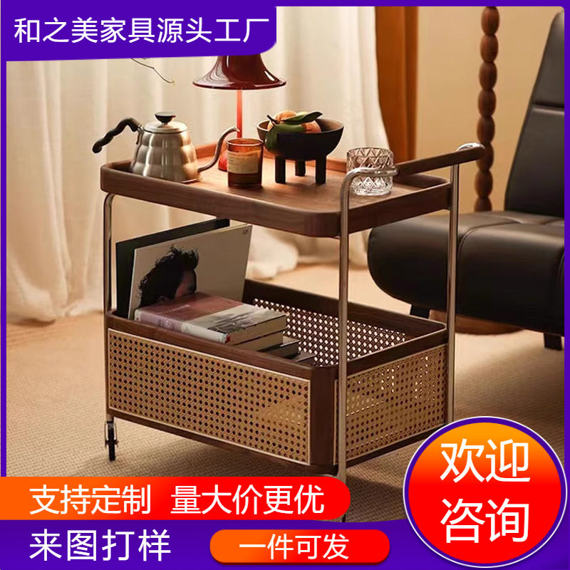 北欧实木边几黑胡桃木收纳小推车客厅沙发藤编置物边柜