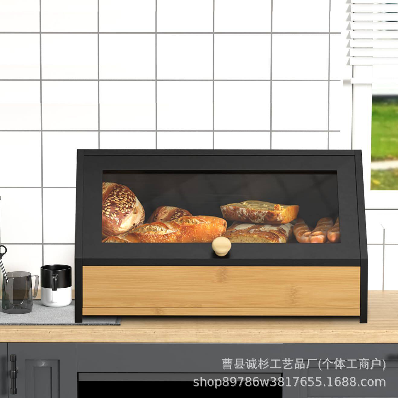 跨境竹木面包盒带盖透明面包箱厨房食品储存盒家用烘焙面包保鲜盒