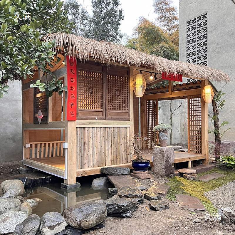 户外防腐木日式茅草屋庭院凉亭