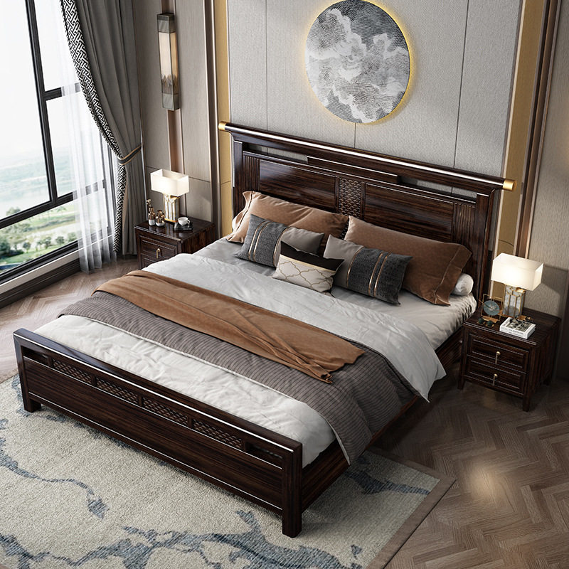 乌金木新中式实木床1.8米双人大床轻奢婚床主卧储物卧室简约高档