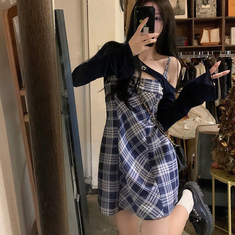 速发吊码甜辣设计感收腰格子衣带连大裙罩衫夏辣妹包臀短裙