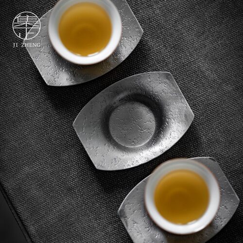 速发集正 复古纯锡岩纹杯垫 日式防滑茶杯托做旧老锡制茶道零配件