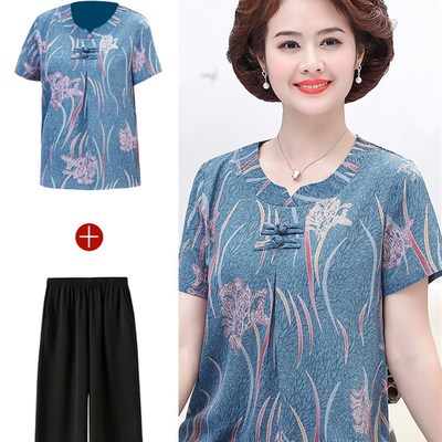 速发60岁70老衣人夏装t恤上衣中奶年妈妈洋气小衫奶老年服套装