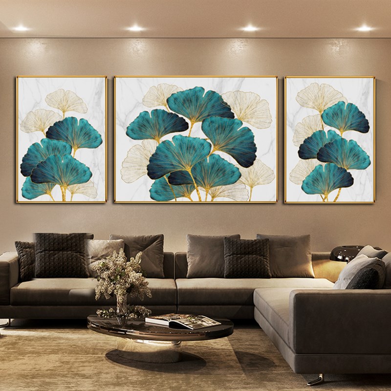 速发绝伦轻奢客厅样饰画创意杏叶三联组合画装品房酒店餐厅挂画