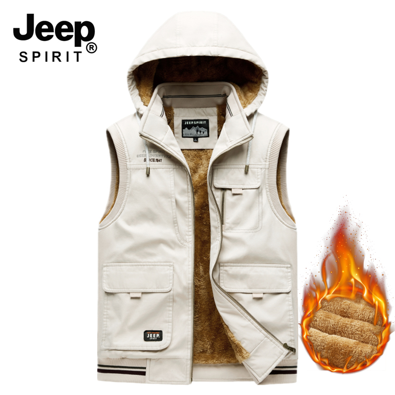 JEEP吉普纯棉工装马甲男冬季新款多口袋保暖背心坎肩羊羔绒外套男