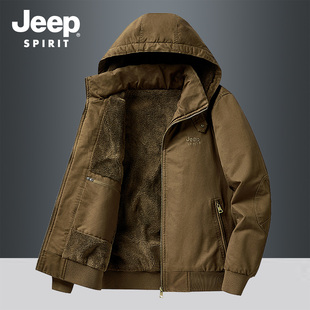 JEEP吉普男士纯棉羊羔绒外套2025秋冬新款加绒加厚连帽工装夹克男