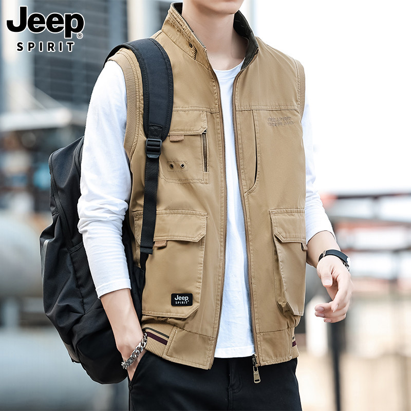 JEEP吉普男士纯棉双面穿马甲2026新款工装立领马夹多口袋摄影背心
