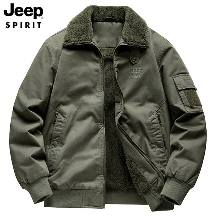 JEEP吉普冬季纯棉工装夹克男加绒加厚羊羔绒保暖外套防寒飞行服男