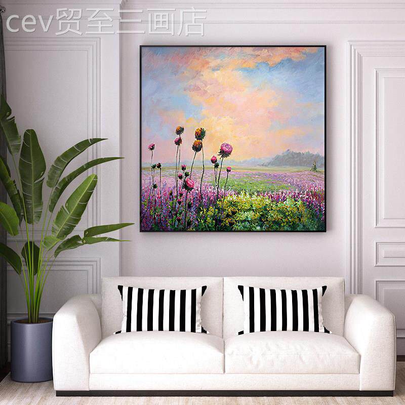 网红法墙彩纯手绘油画艺术印花装饰後菊画象入户玄关客厅沙发背景