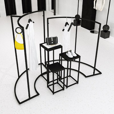 黑色服装店展示架简约落地中岛组合挂衣架装店中间衣服陈列货架
