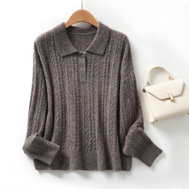 LP同款复古减龄麻花毛衣女秋冬新款羊毛驼绒polo半开胸翻领针织衫