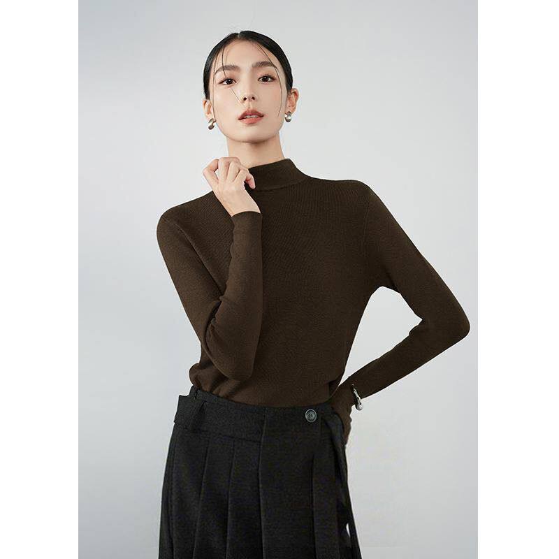 高级感桑蚕丝气质显瘦纯色T桖女2025秋季新款半高领长袖百搭上衣