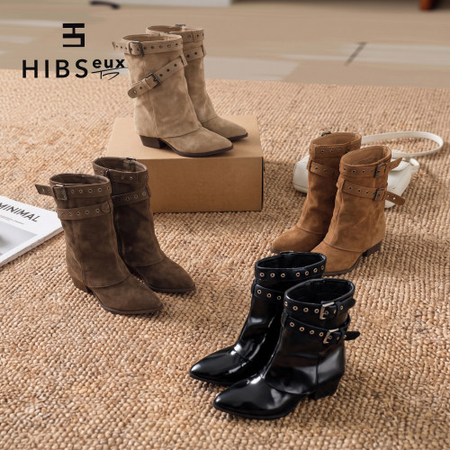 Hibseux槿奢短靴女2026新款秋复古尖头西部牛仔皮带扣内增高女靴