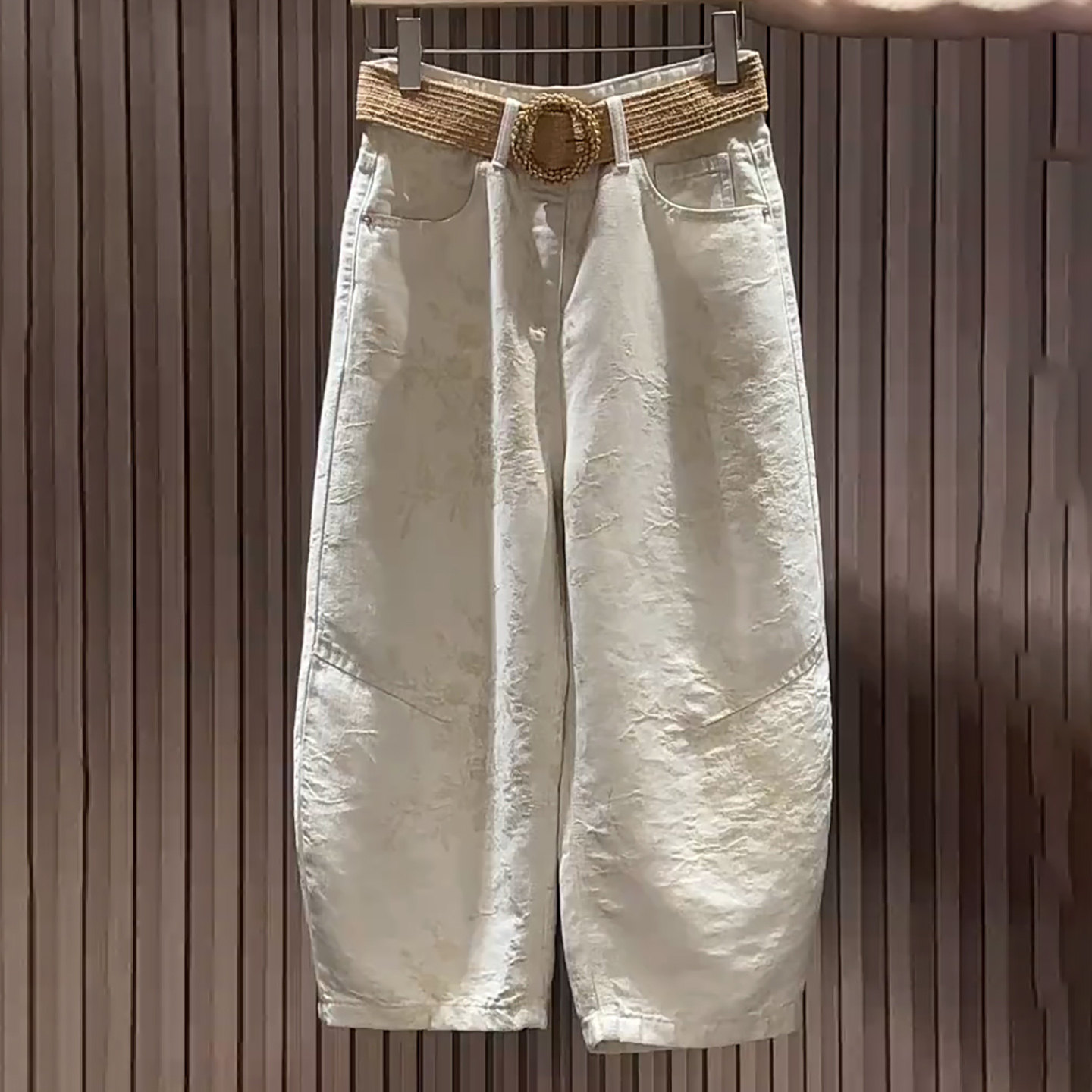 WANG AEGO牛仔裤女夏季新款提花白色百搭显瘦高腰重工休闲 七分裤