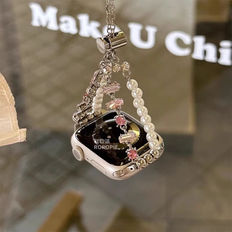 珍珠闪钻水晶小米红米手表5/4代Redmi4 Watch432表带链金属女适用