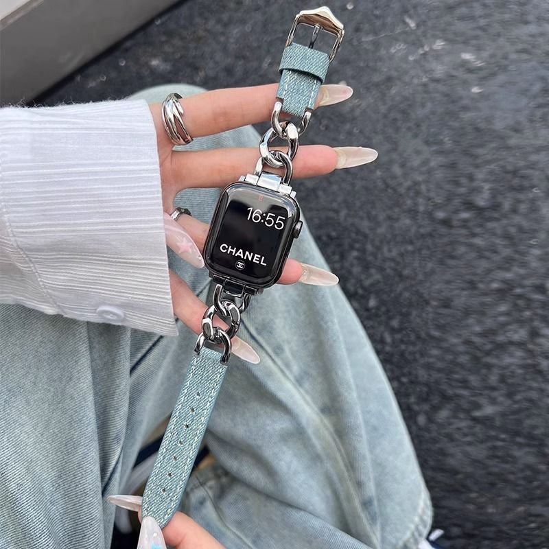 牛仔帆布拼金属链条真皮质适用oppowatch32X代3/4pro手表带se男女