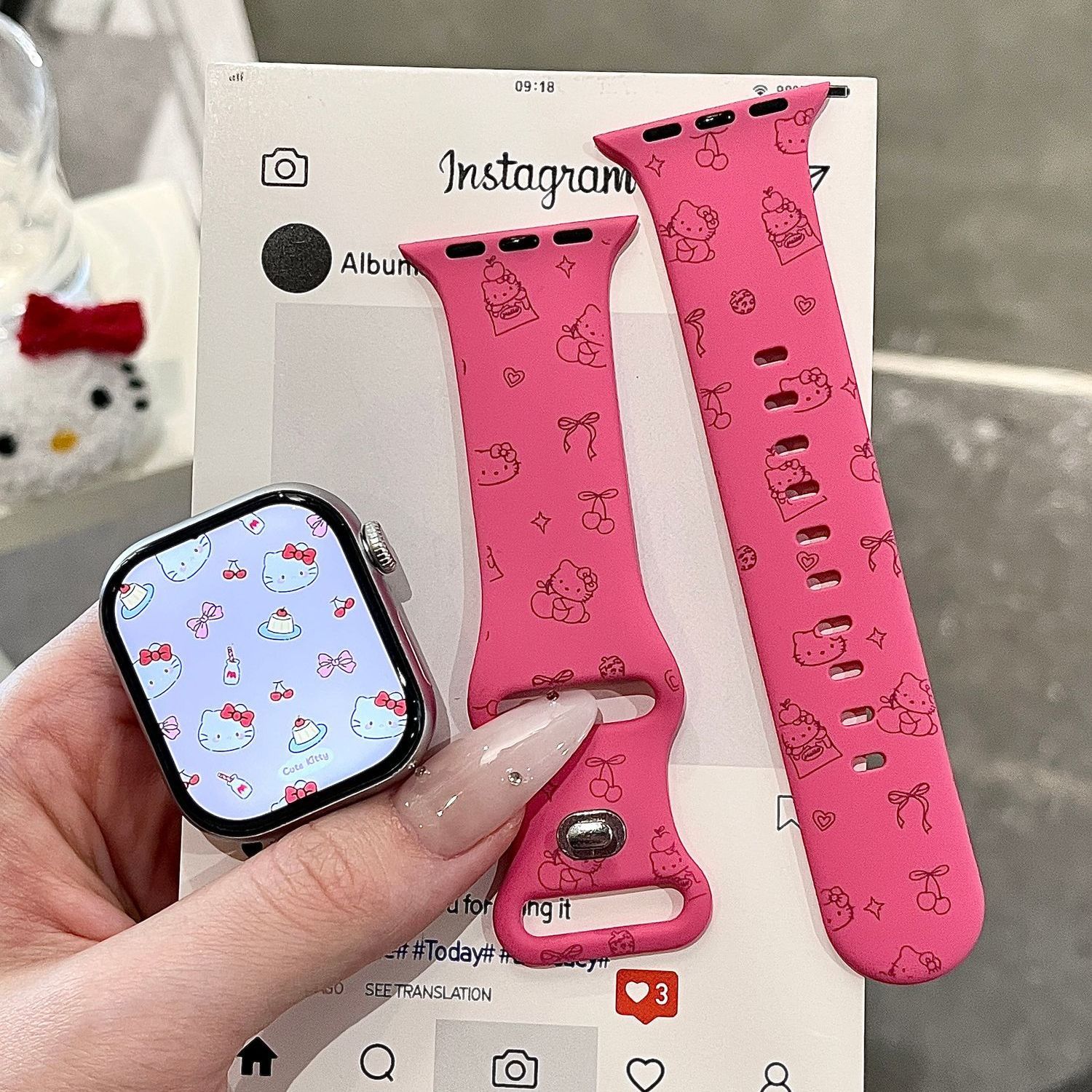 趣味樱桃苹果Kitty硅胶适用iwatchs11/10表带玫粉色苹果表带s9/8