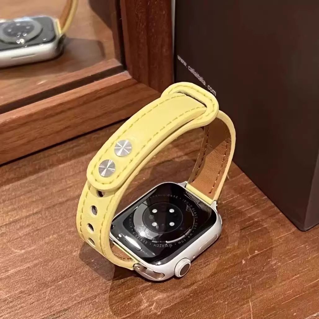 新款奶黄双钉扣皮质表带适用华为FIT3/fit2/fit4新款夏天创意腕带