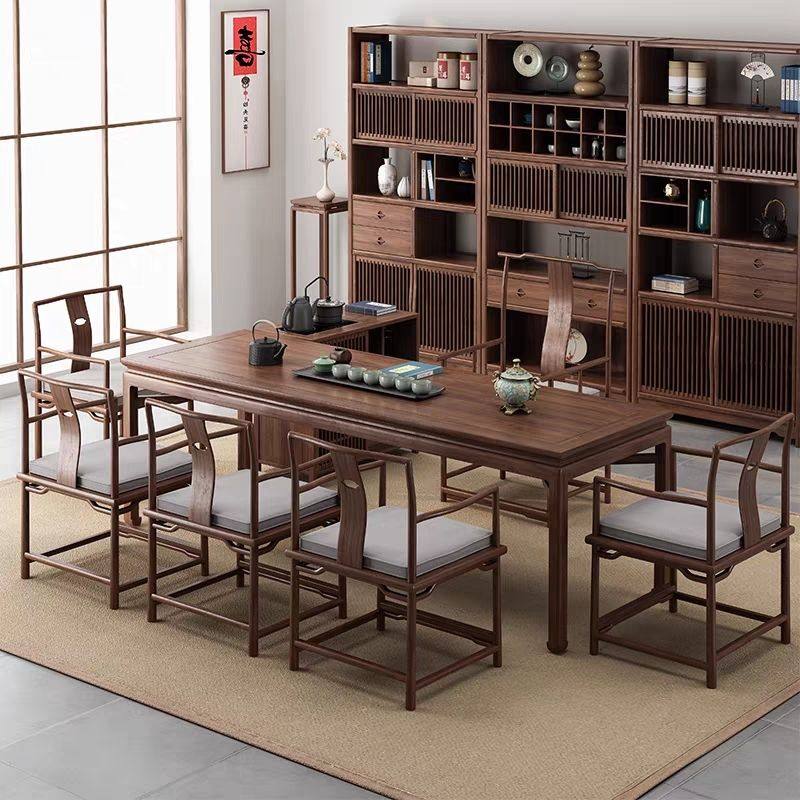 新中式茶桌椅组合黑胡桃色实木禅意茶艺茶台老榆木茶室家具太师椅
